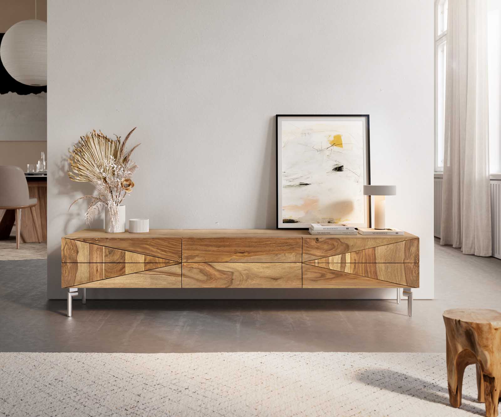 Lowboard Wyatt 175 cm sheesham naturel 2 deuren 1 klep basis ovaal roestvrij staal