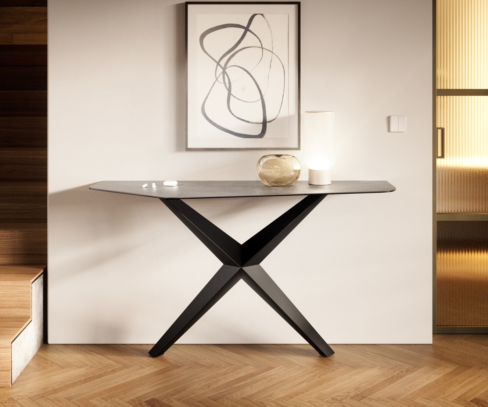 Consoletafel Edge Polygonaal 140x50 cm Keramiek Betongrijs Zentharo Metaal Zwart 3