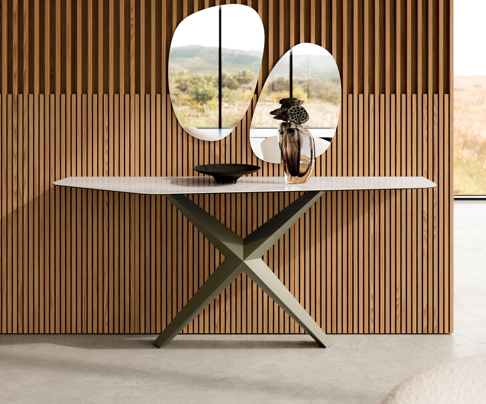 Consoletafel Edge Polygonaal 180x50 cm Keramiek Onyx Champagne Zentharo Metaal Effektfinish Titan 1