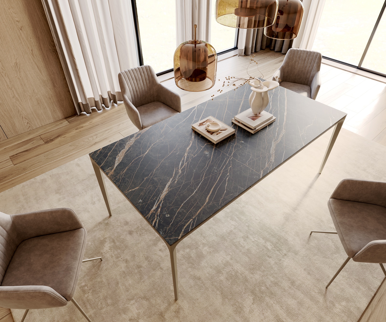 Eettafel Escina 200x100 cm keramiek Laminam®Noir Desir Bruin Aluminium onderstel 4 Eettafel Escina 200x100 cm keramiek Laminam®Noir Desir Bruin Aluminium onderstel 4