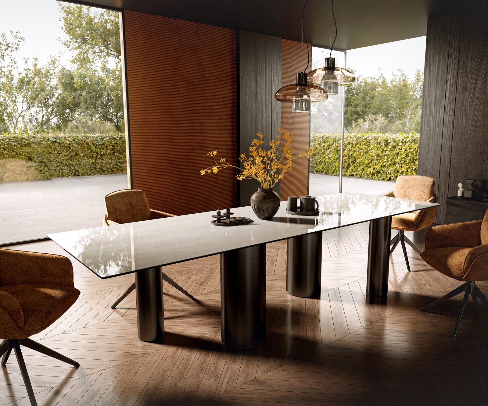 Eettafel Edge 300x100 cm keramiek Onyx Champagne Pilier roestvrij staal grafiet 1