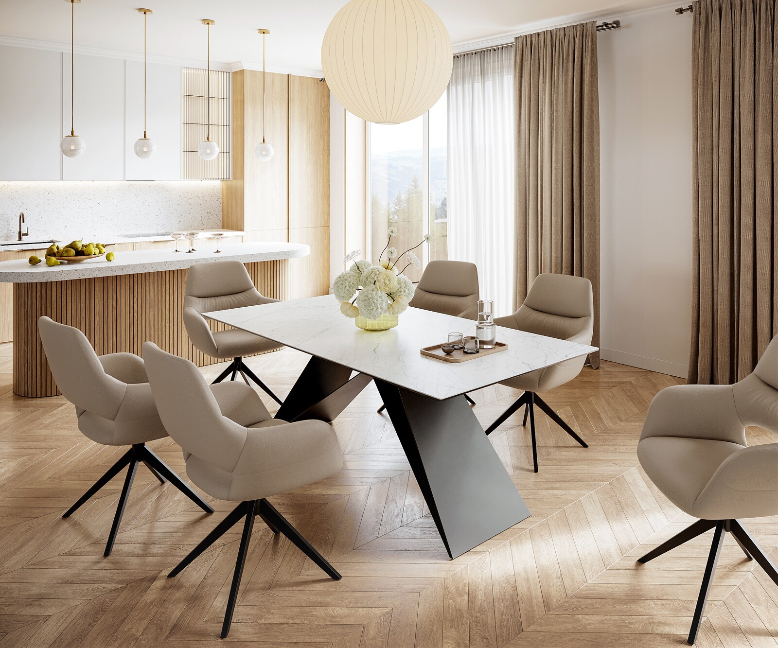 Eettafel Edge 200x100cm Laminam® keramiek wit V-middenpoot zwart 5