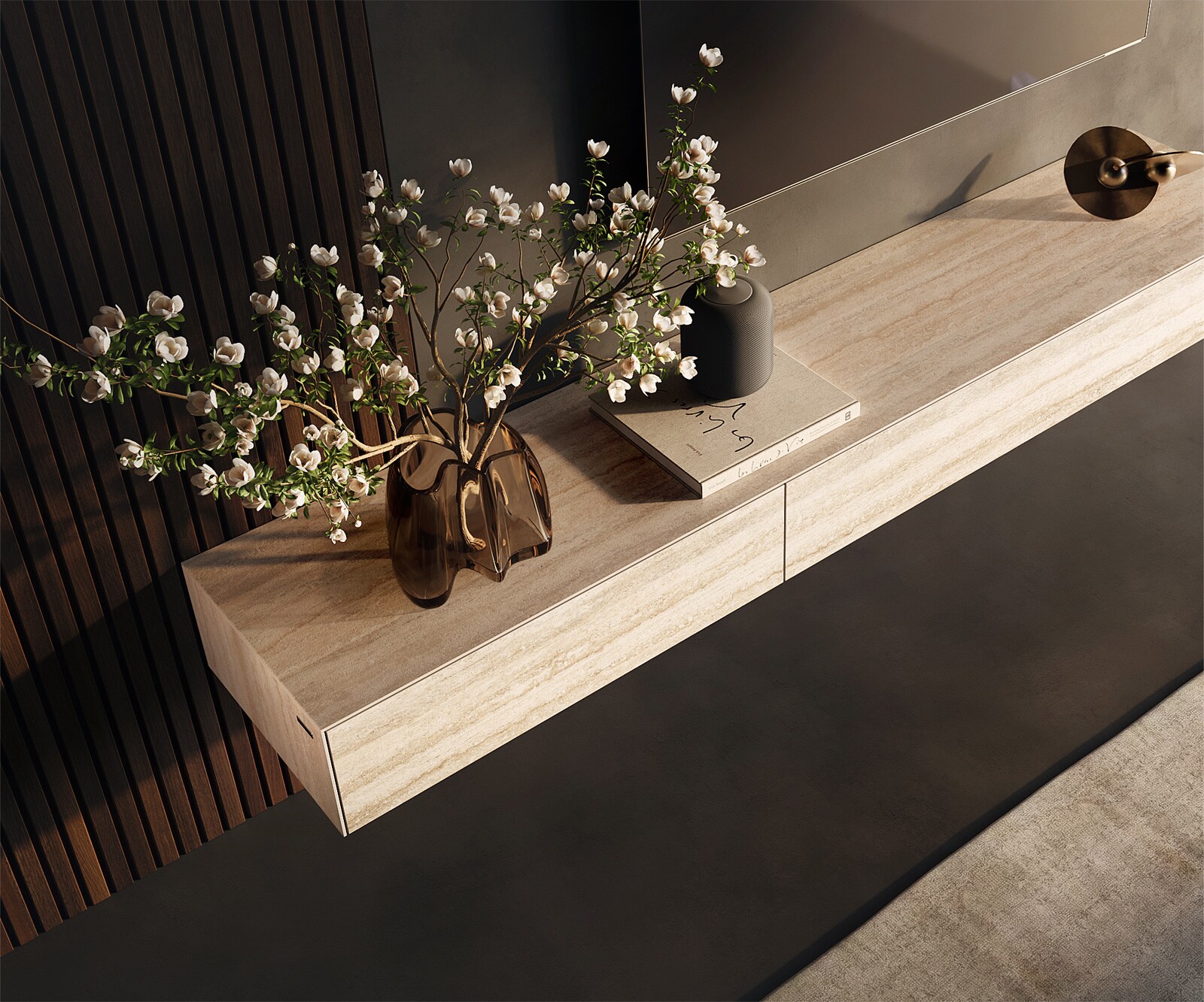 Tv-meubel Cuor 200 cm Keramiek Laminam® Travertino Bianco Crème-wit 1 Flap 1 Lade Zwevende voet look Roestvrij staal 3