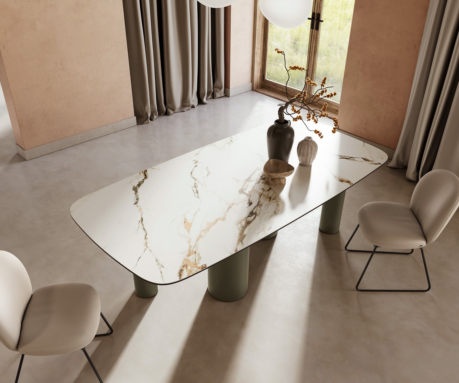 Eettafel Edge boot 240x120cm keramiek Calacatta Luxe wit-goud-grijs pilier metaal effect afwerking titanium 4