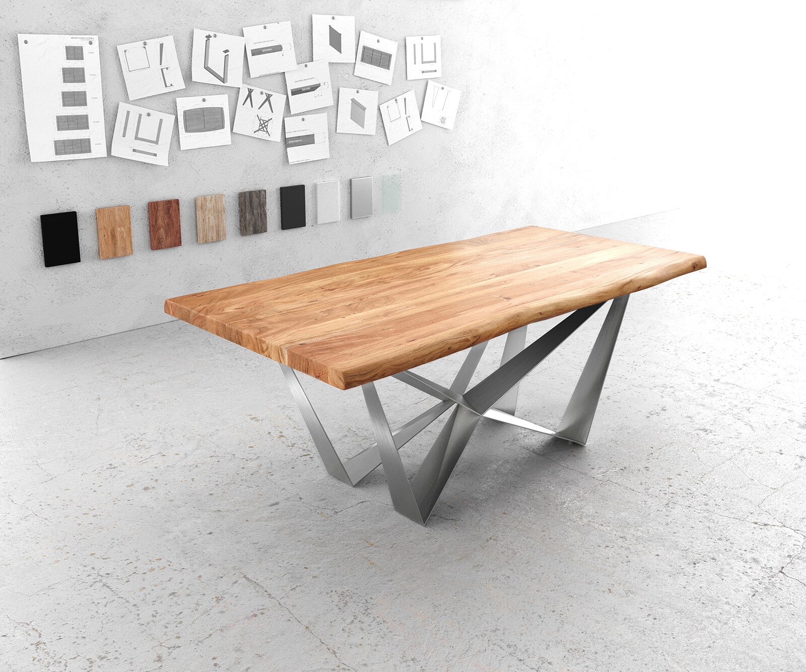 Eettafel Edge 200x100 XL acacia natuur Spider vlakstaal edelstaal Live-Edge 1
