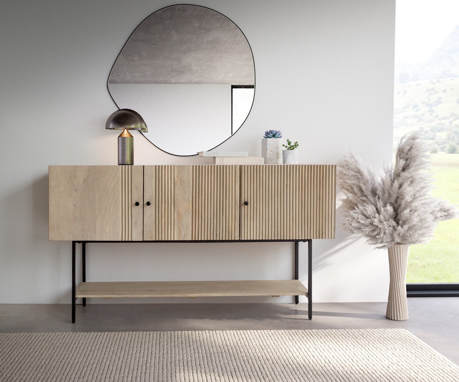 Dressoir Nencia 165 cm Mango White Wash metaal zwart 3 deurs