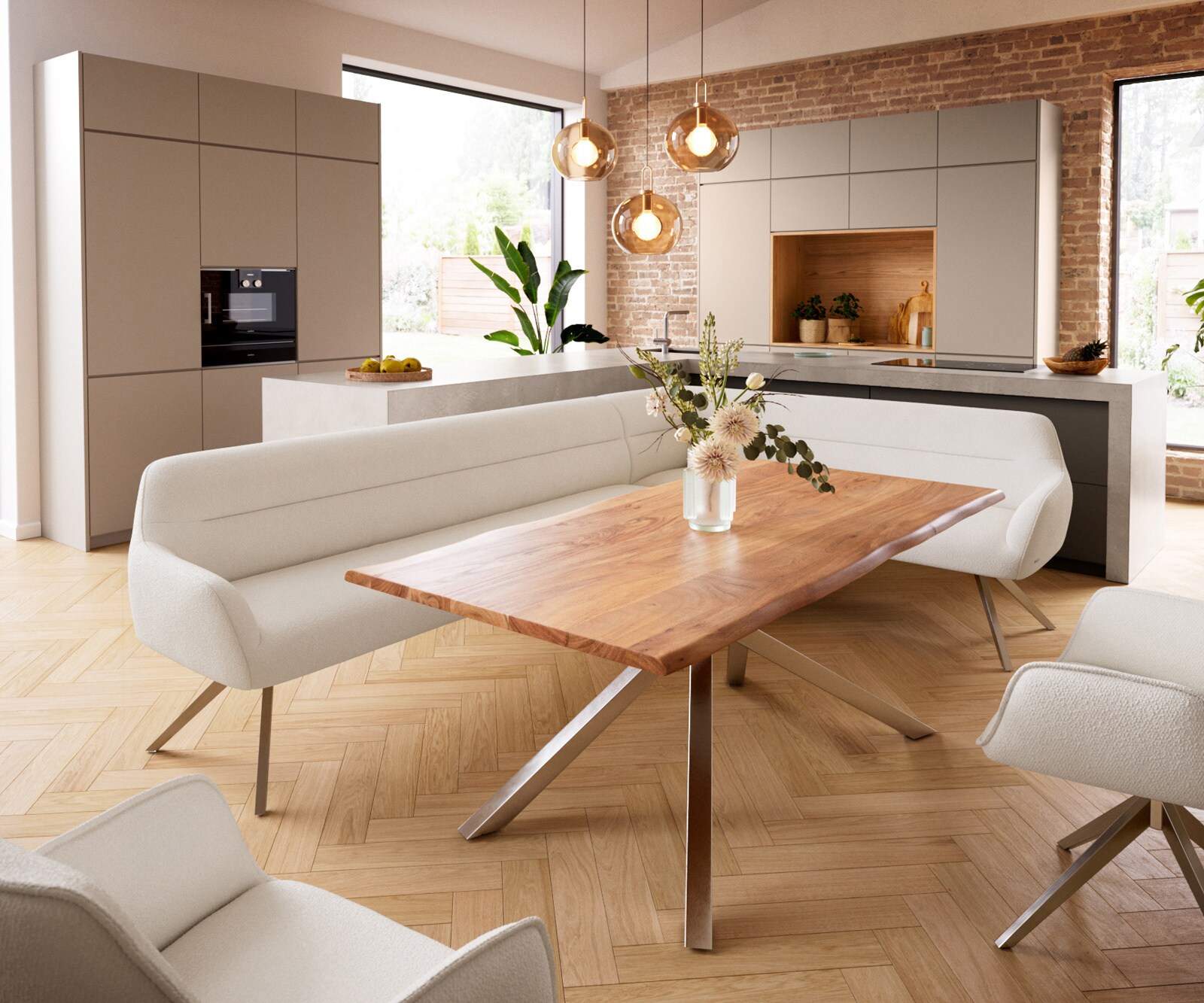 Eetkamerbank Taya-Flex 285x190 cm bouclé crème-wit hoekig kruisframe roestvrij staal pocketvering links 1