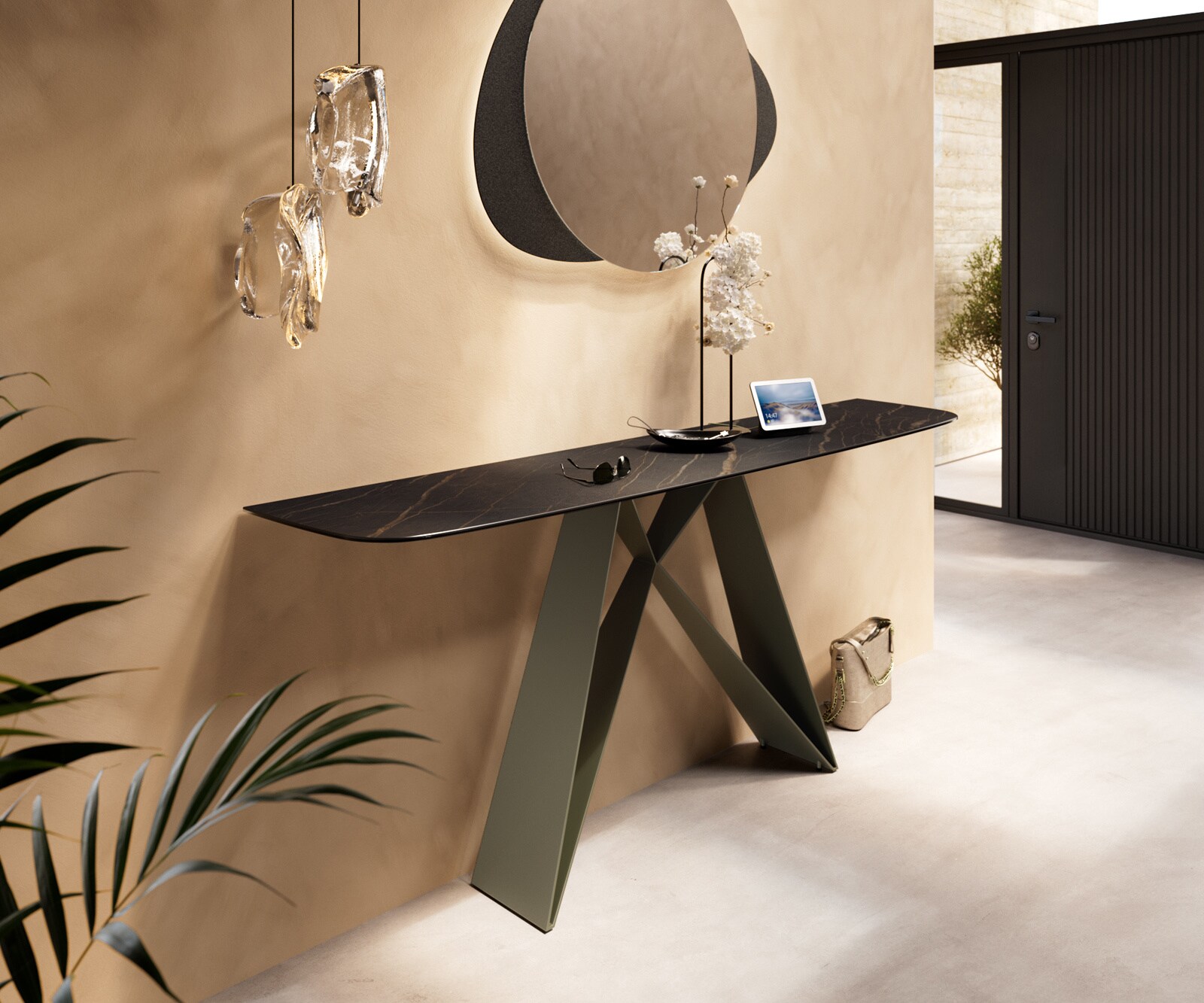 Consoletafel Edge Bootvorm 180x40 cm Keramiek Laminam® Noir Desir Braun Velio Metaal Effektfinish Titan 4