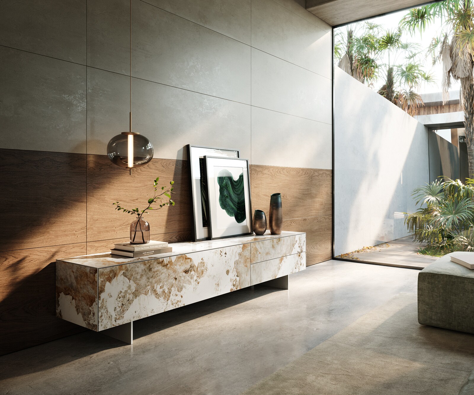 Tv-meubel Cuor 220 cm Keramiek Minas Melange Wit-beige 1 Flap 2 Laden Zwevende voet look Roestvrij staal 1