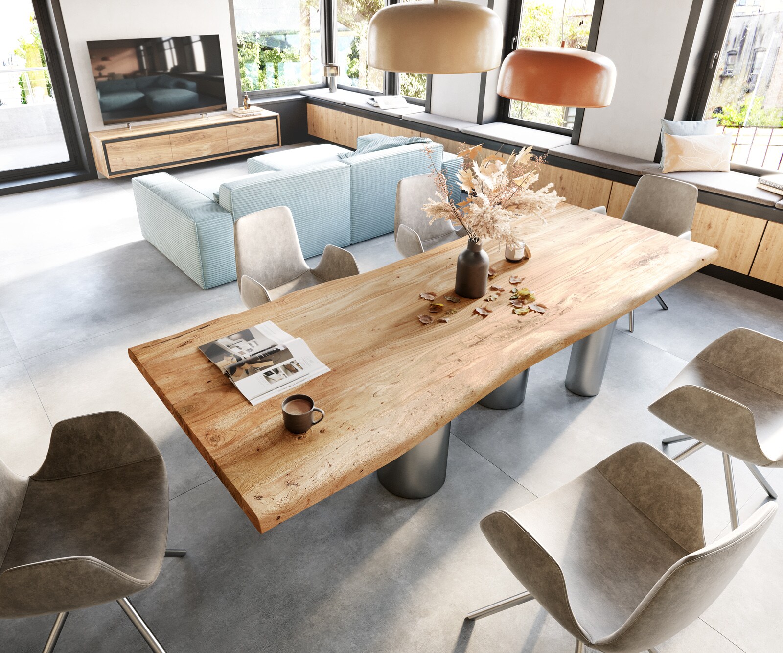Eetkamertafel Edge 280x100 XL acacia natuurPilier roestvrij staal geborsteld Live-Edge 3