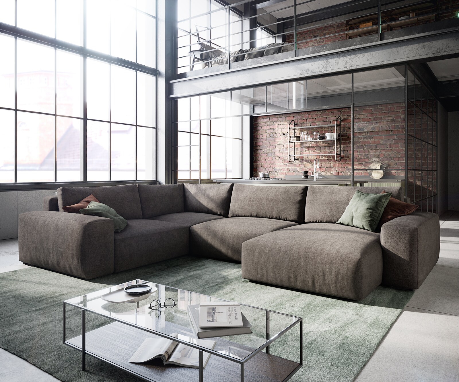 Woonkamerlandschap Lanzo XL microvezel kaki bruin 360x260 cm variabele fauteuil