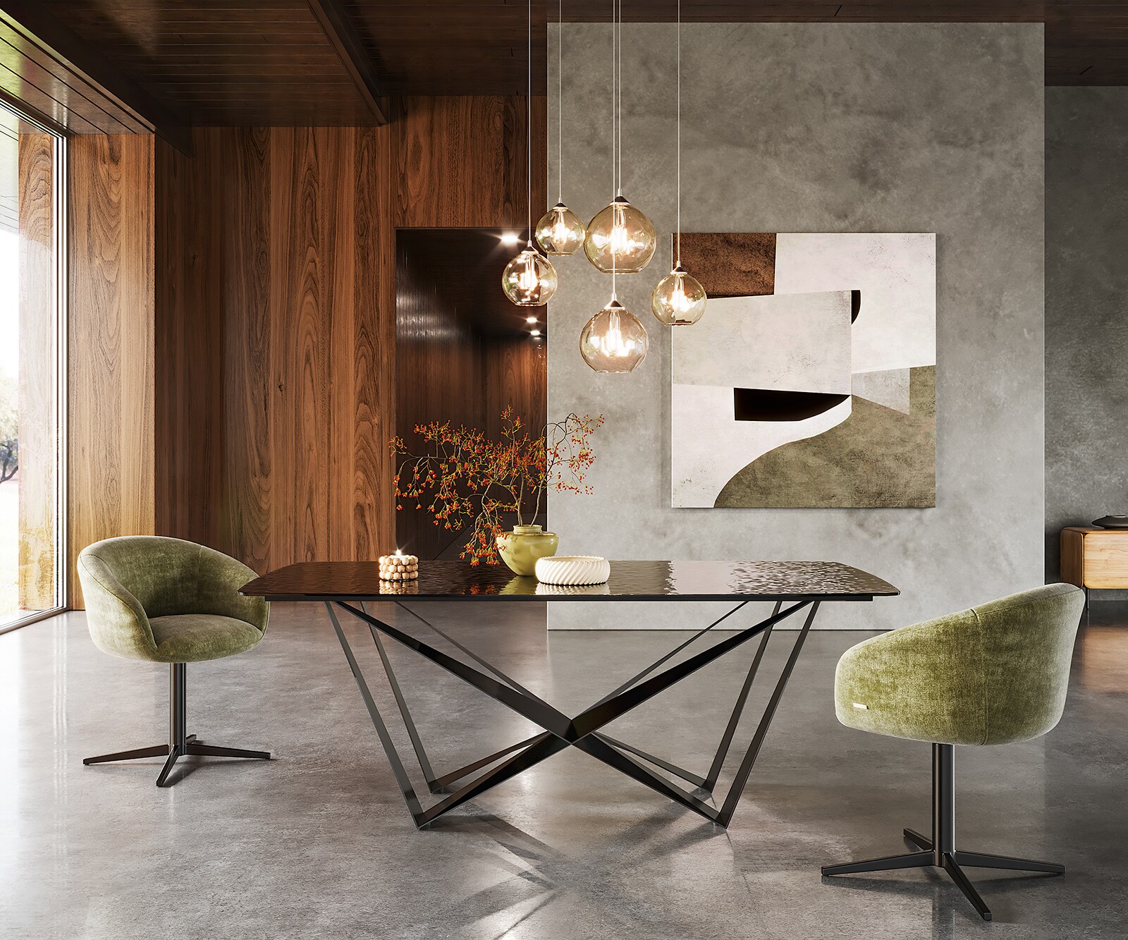 Eetkamertafel Edge Boot 200x100 Glas smelten rokerig zwart 3D-Relief spider vlak staal zwart 1