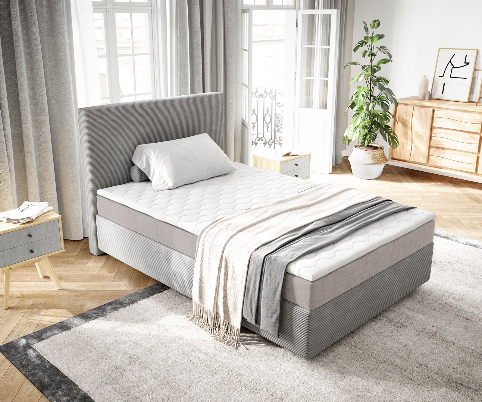Boxspringbed Dream-Well 120x200 cm Cord Zilvergrijs met Pocketveringmatras en Topper Visco 3 Boxspringbed Dream-Well 120x200 cm Cord Zilvergrijs met Pocketveringmatras en Topper Visco 3