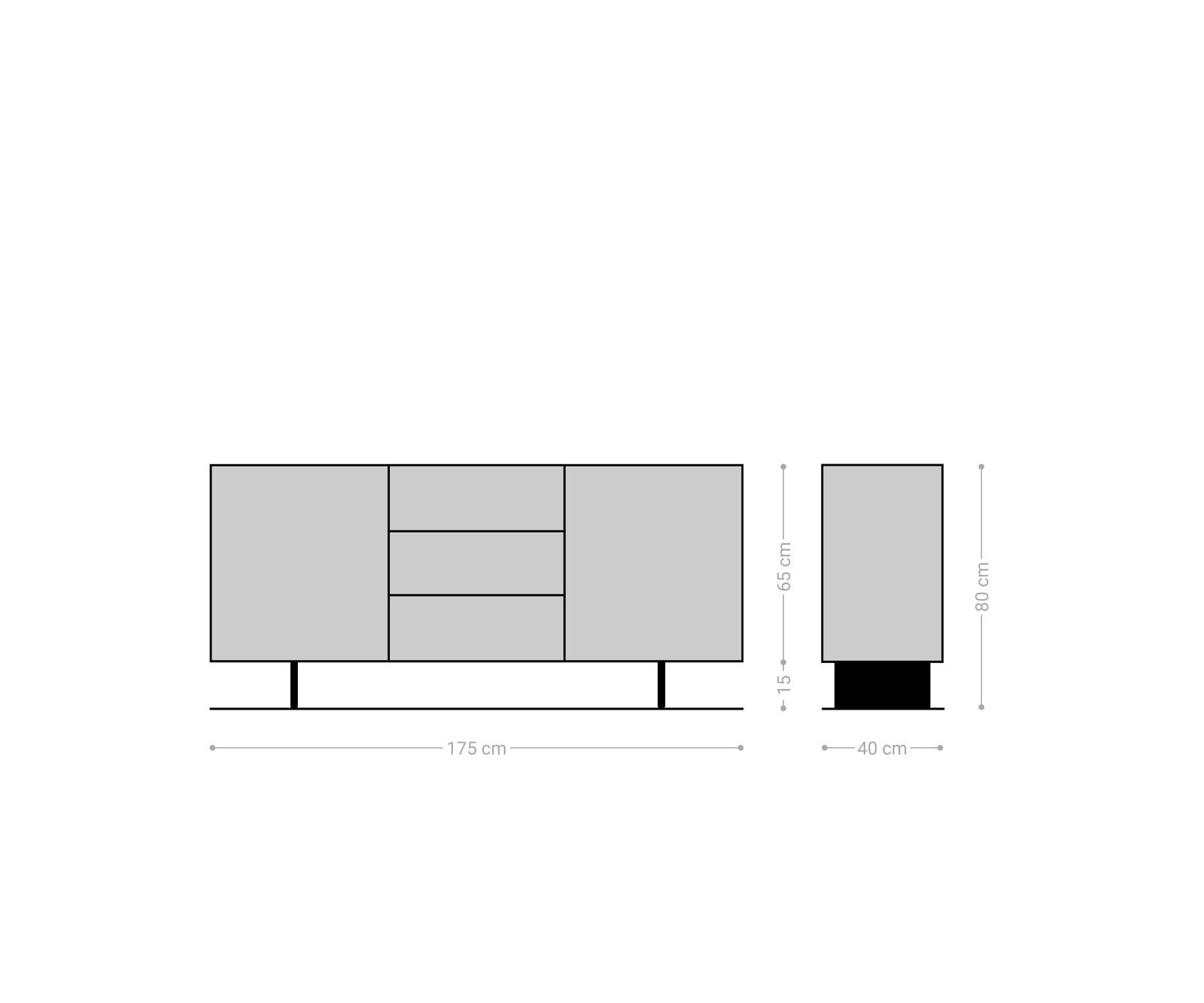 Dressoir Solu 175 cm acacia natuur 2 deuren 3 laden onderstel zwevend metaal zwart 3D-front 10