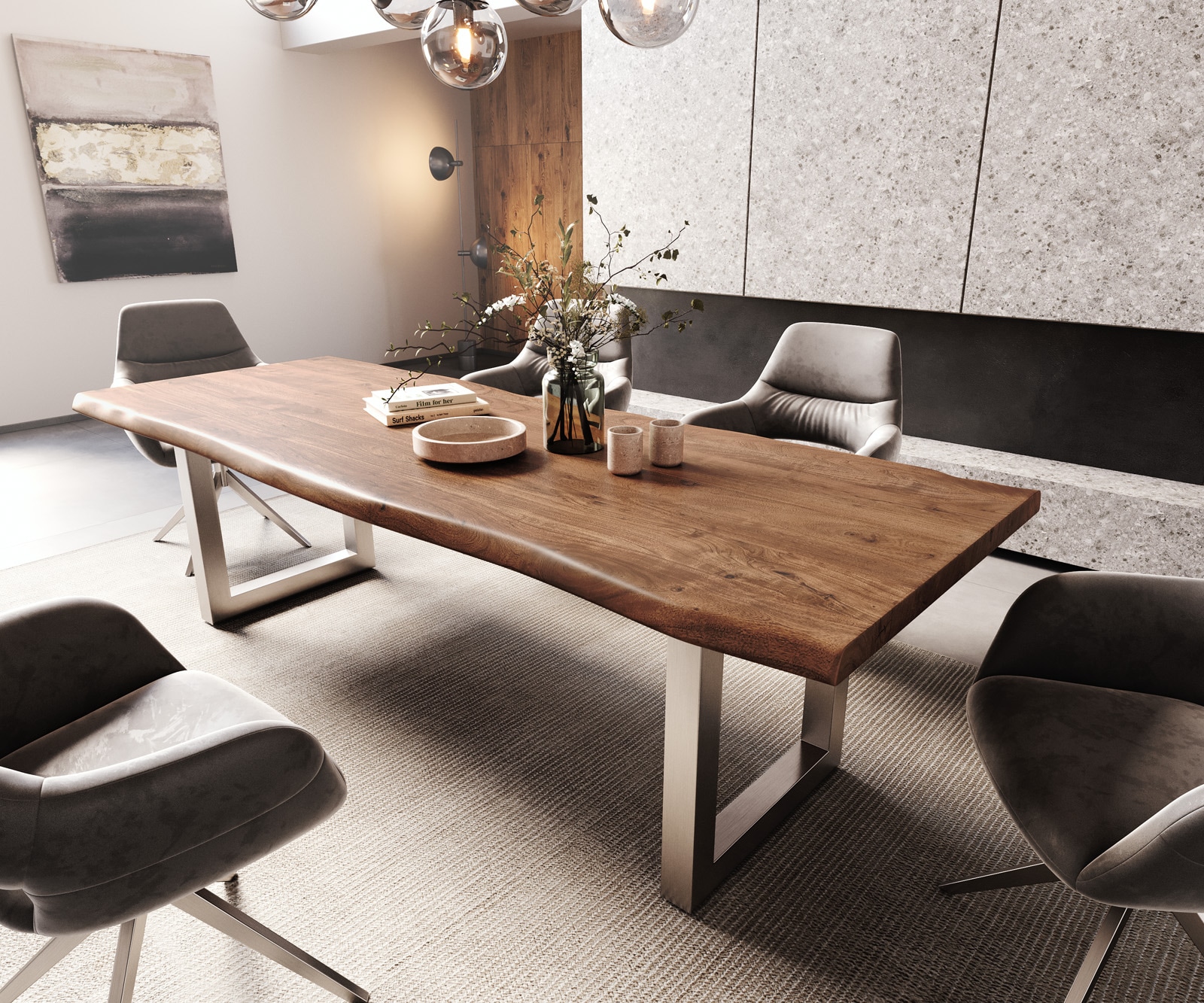 Eettafel Edge 260x100 XL acacia bruin roestvrijstaal breed Live-Edge Eettafel Edge 260x100 XL acacia bruin roestvrijstaal breed Live-Edge