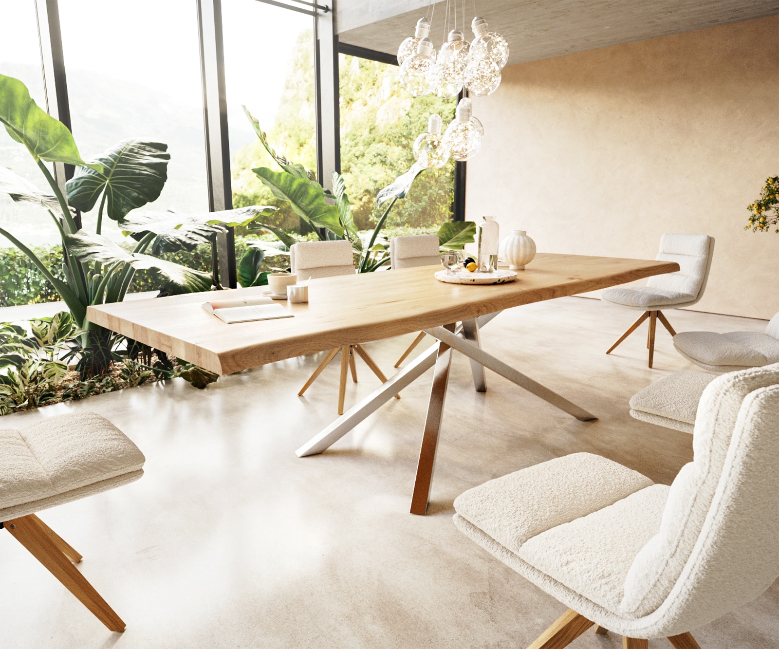 Eettafel Edge 300x100 eiken natuur kruisframe rechthoek roestvrij staal  Live-Edge 1