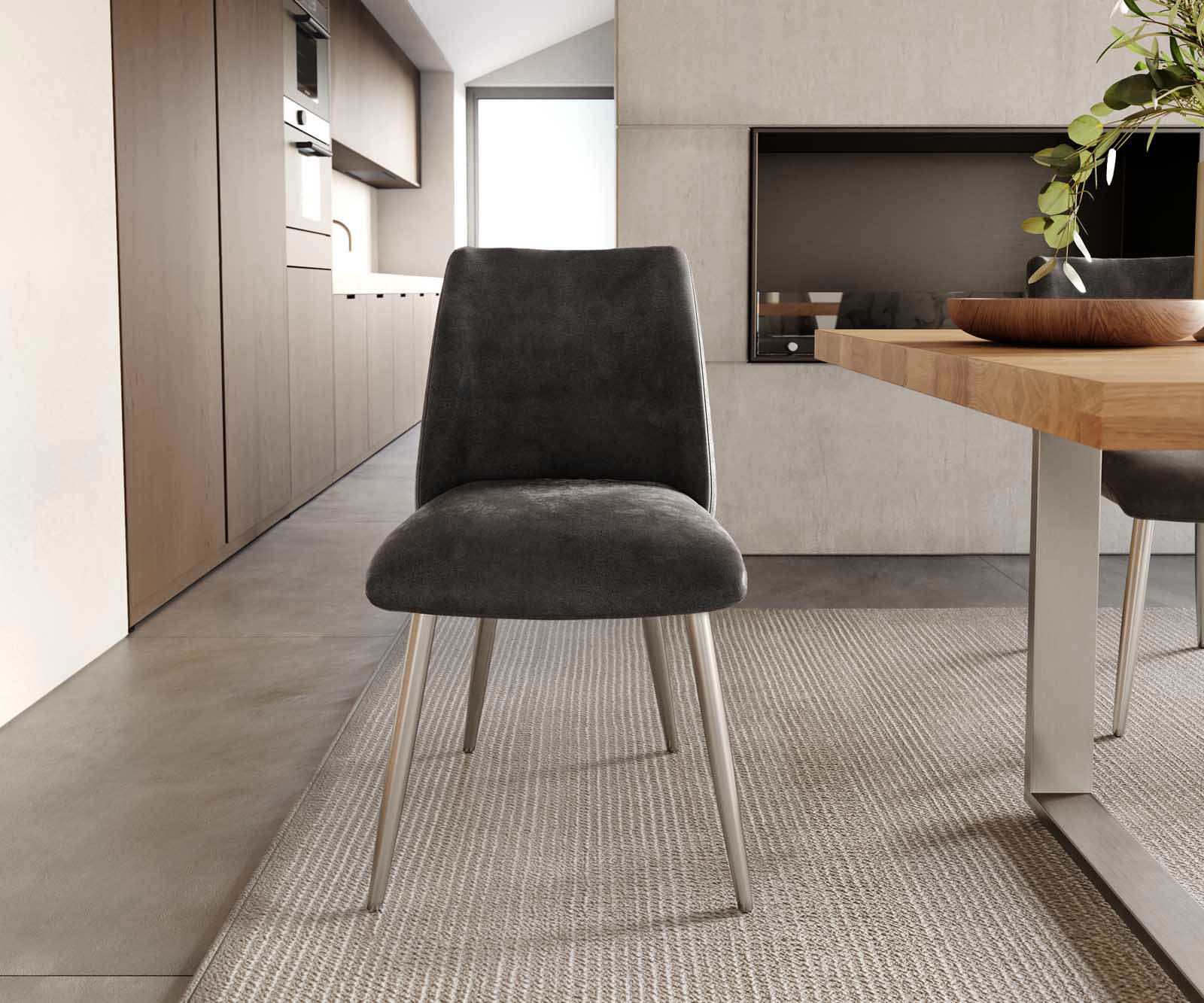 Eetkamerstoel Elso-Flex microvelours antraciet vintage 4-poot conisch roestvrij staal pocketveer kern 1 Eetkamerstoel Elso-Flex microvelours antraciet vintage 4-poot conisch roestvrij staal pocketveer kern 1