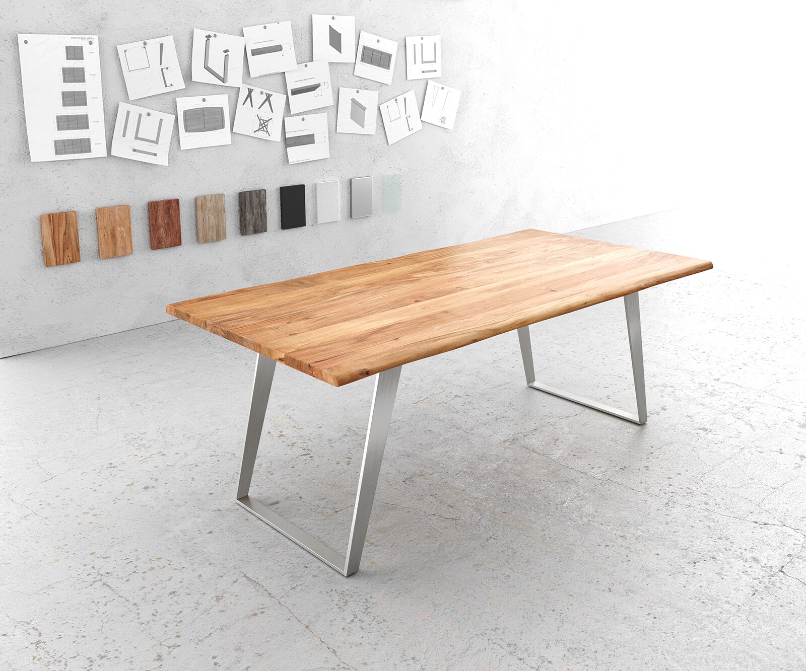Eettafel Edge 200x100cm acacia natuur roestvrijstaal zilver schuin Live-Edge
