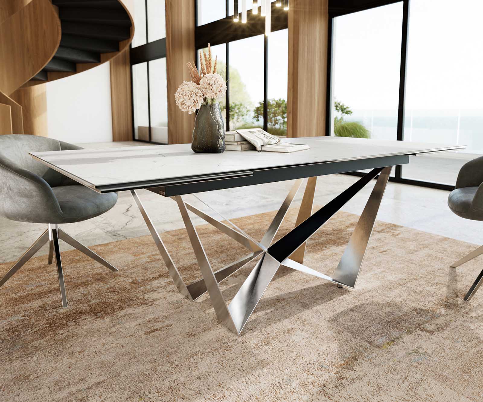 Eetkamertafel Edge 200-300x100 keramiek Laminam®Statuarietto Weiß spider vlak staal RVS uitschuifbaar 6