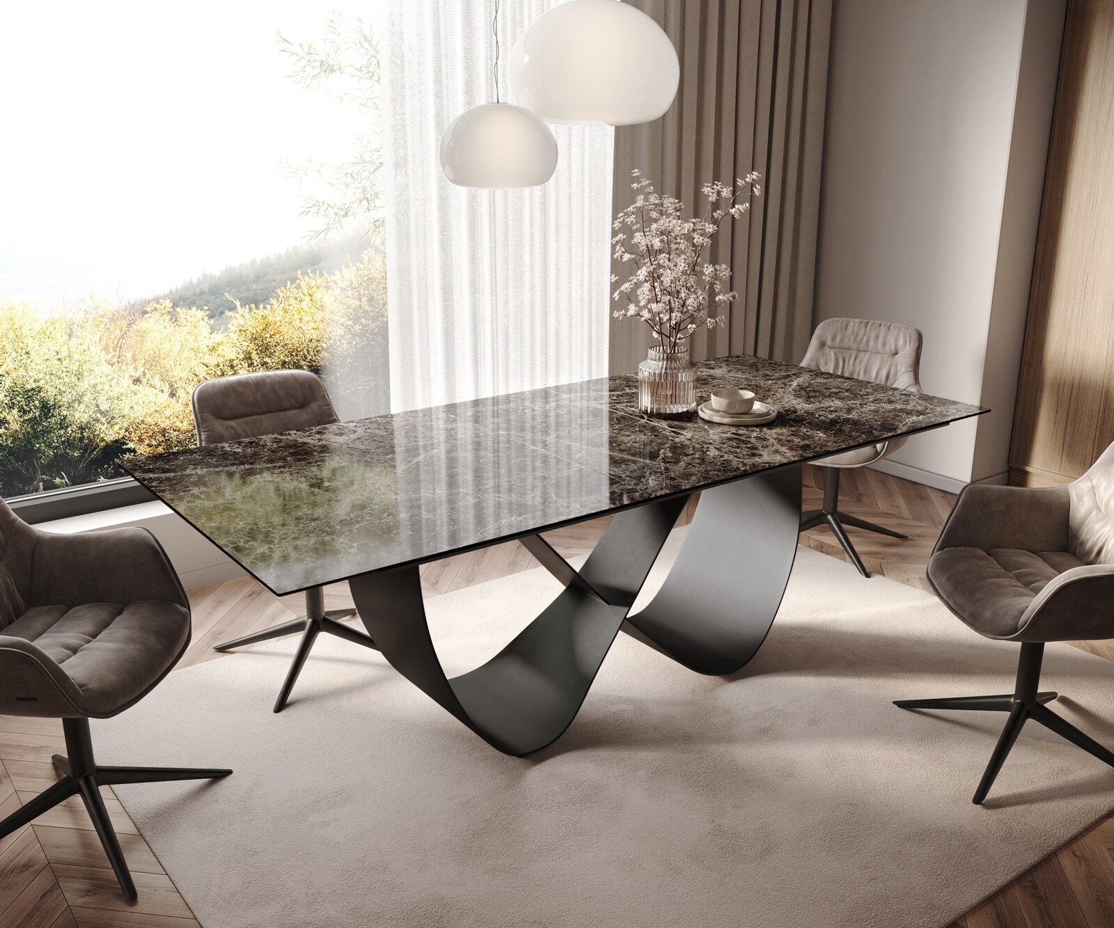 Eettafel Edge 180-220x90 keramiek  Laminam® Emperador Extra Lucidato donkerbruin Infinity metaal zwart uitrekbaar 1
