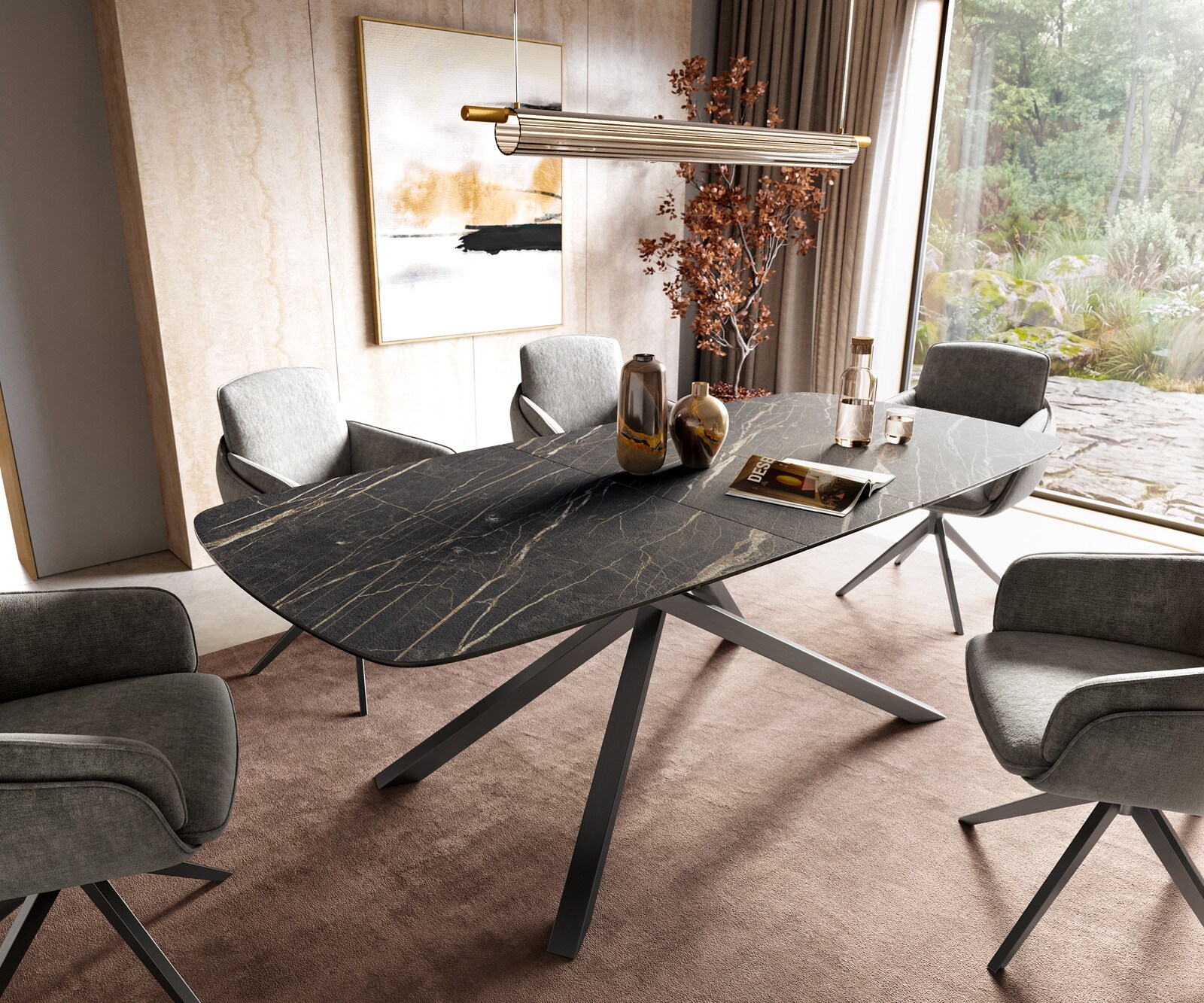 Eettafel Edge Boot 180-220x100 cm Laminam® Keramiek Noir Desir Braun kruisonderstel Rechthoek Roestvrij staal Grafiet uitschuifbaar 1