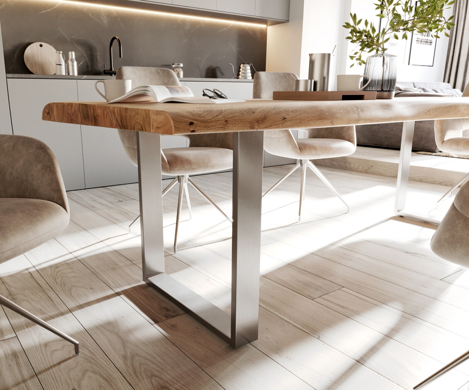 Eettafel Edge 280x100cm XL acacia natuur roestvrijstaal smal Live-Edge 4