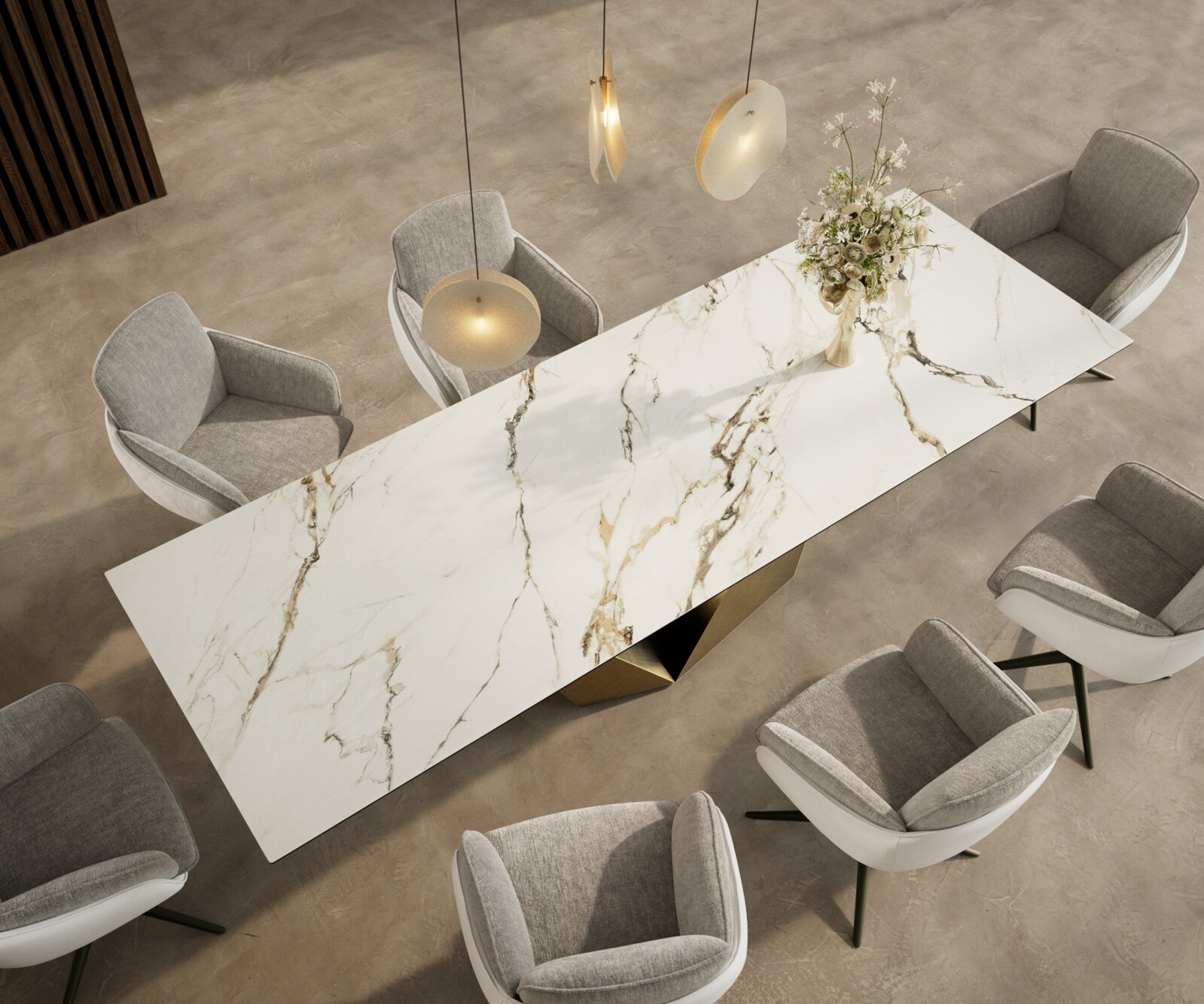 Eettafel Edge 300x100 keramiek  Calacatta Luxe wit-goud-grijs Prisma metaal goud 3