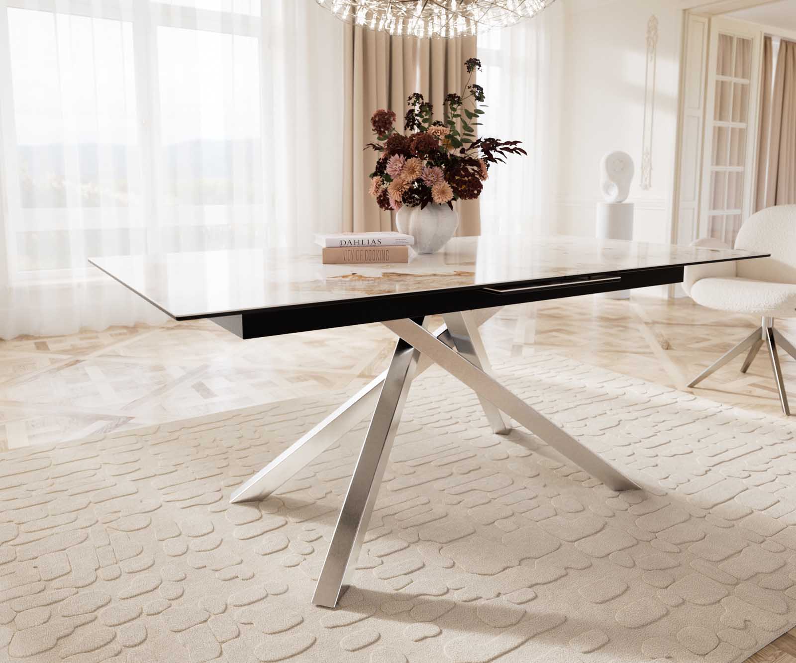 Eetkamertafel Edge 180-220x100 keramiek Minas Melange wit-beige kruisframe rechthoek RVS uitschuifbaar 5