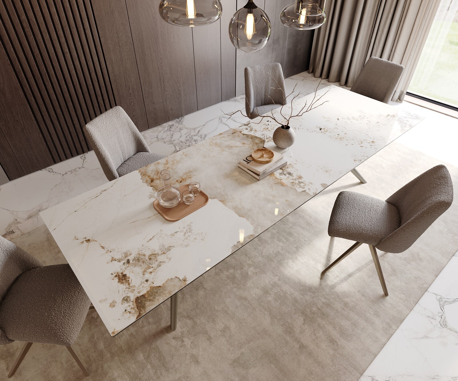 Eetkamertafel Edge 300x100 keramiek Minas Melange wit-Beige Estelar rond  metaal effectafwerking titaan 4