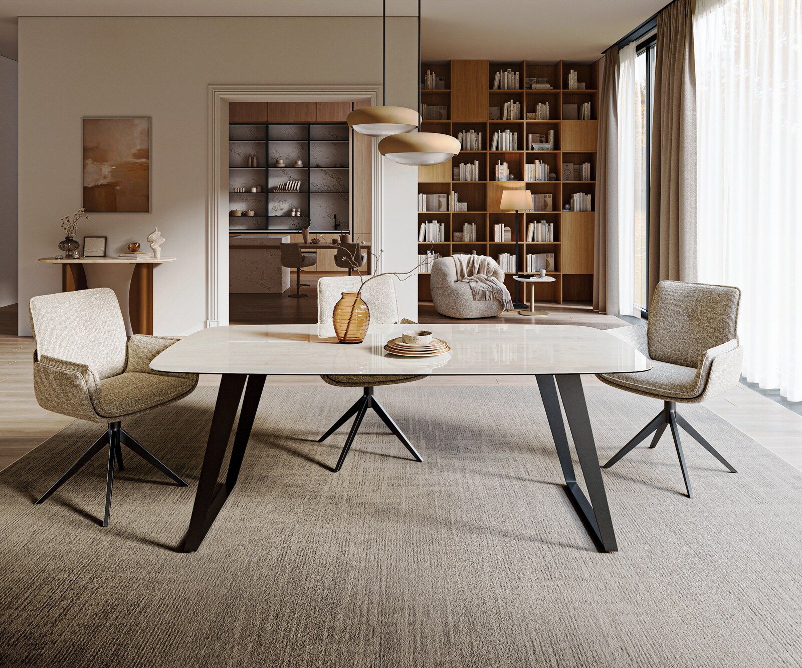 Eettafel Edge boot 200x100 cm keramiek Onyx Champagne schuin onderstel metaal zwart 2