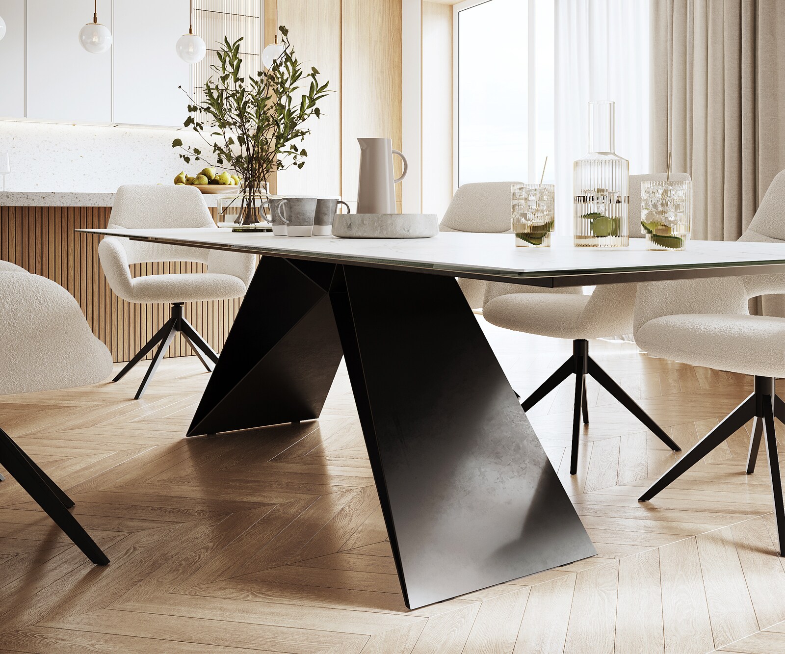 Eettafel Edge 300x100cm Laminam® keramiek wit V-middenpoot zwart 5