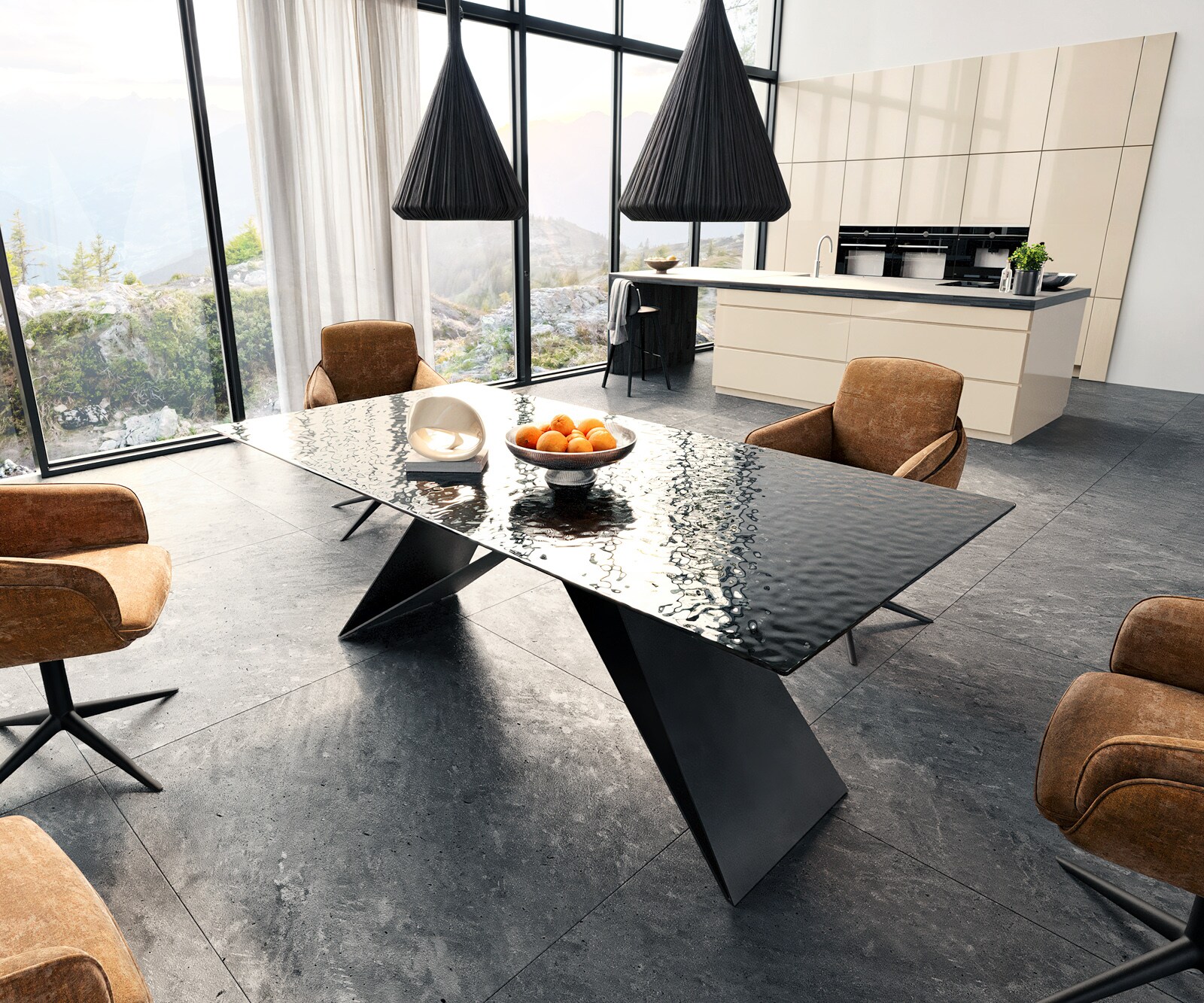 Eetkamertafel Edge 200x100 Glas smelten rokerig zwart 3D-Relief V-frame vlak staal zwart