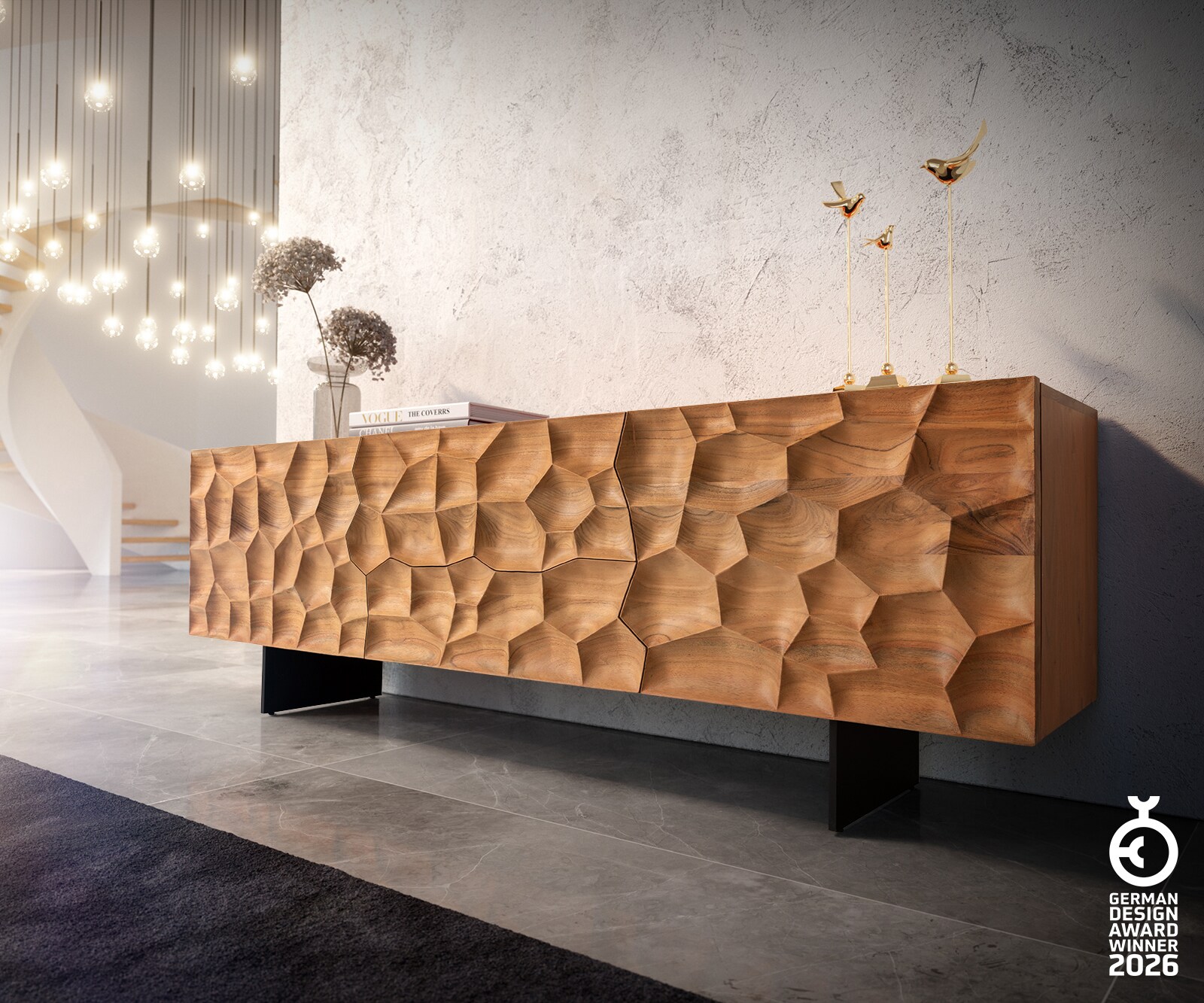 Tv-meubel Solu 175 cm acacia natuur 2 deuren 2 laden onderstel zwevend metaal zwart 3D-front