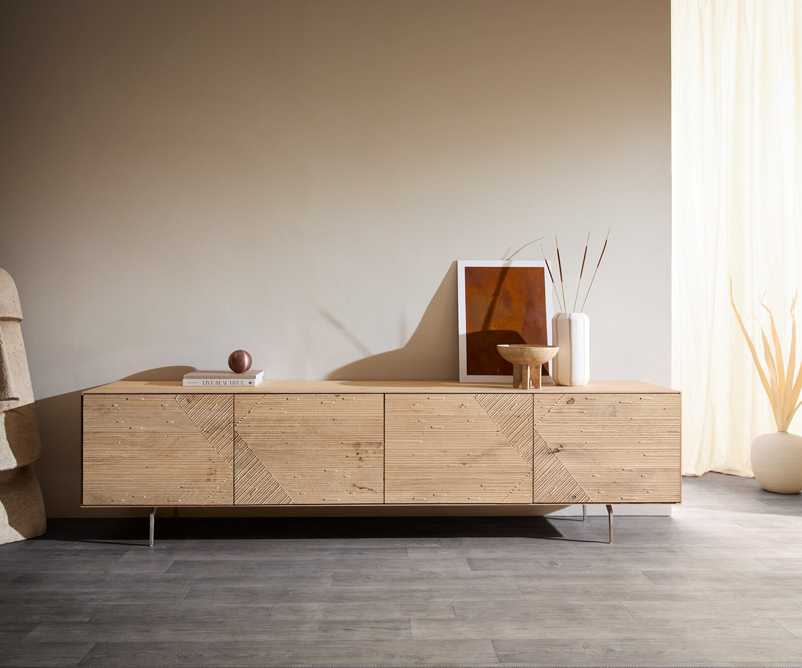 TV-meubel Tereos 220 cm eiken natuur 3D-effect 4 deuren hoekpoot geborsteld RVS 1