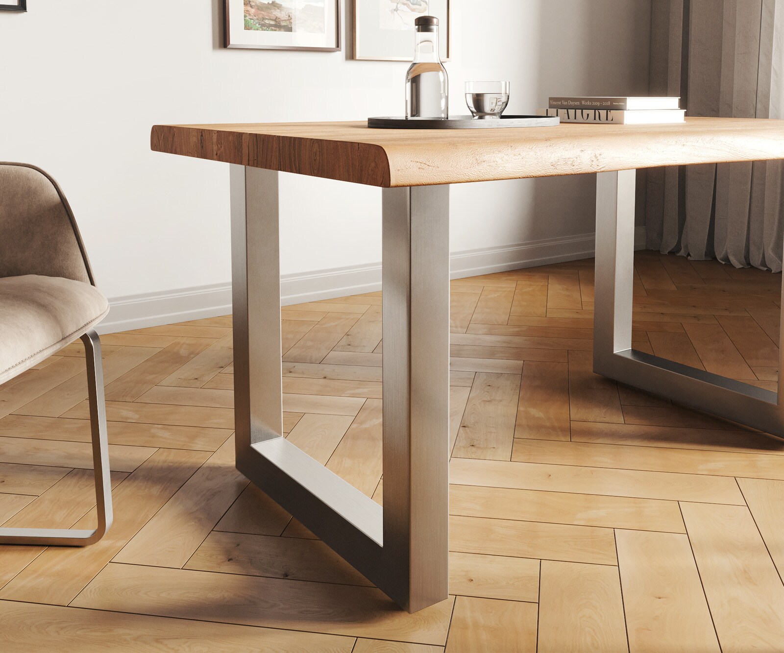 Eettafel Edge 140x90 XL acacia natuur roestvrijstaal breed Live-Edge 4