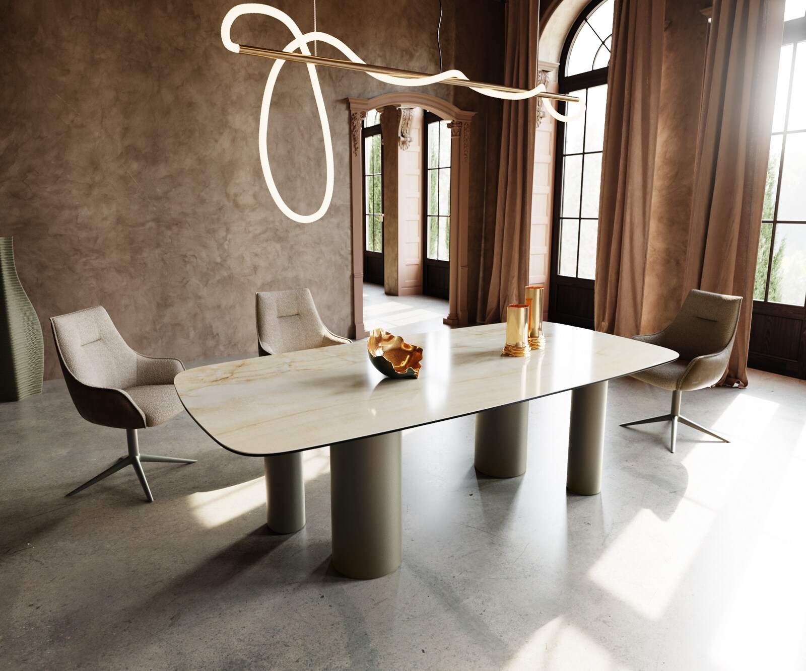 Eetkamertafel Edge Boot 240x120 keramiek Iris FMG Onice Oro Pilier metaal effectafwerking titaan