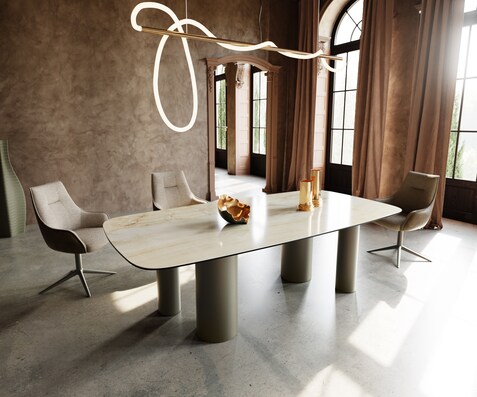 Eetkamertafel Edge Boot 240x120 keramiek Iris FMG Onice Oro Pilier metaal effectafwerking titaan