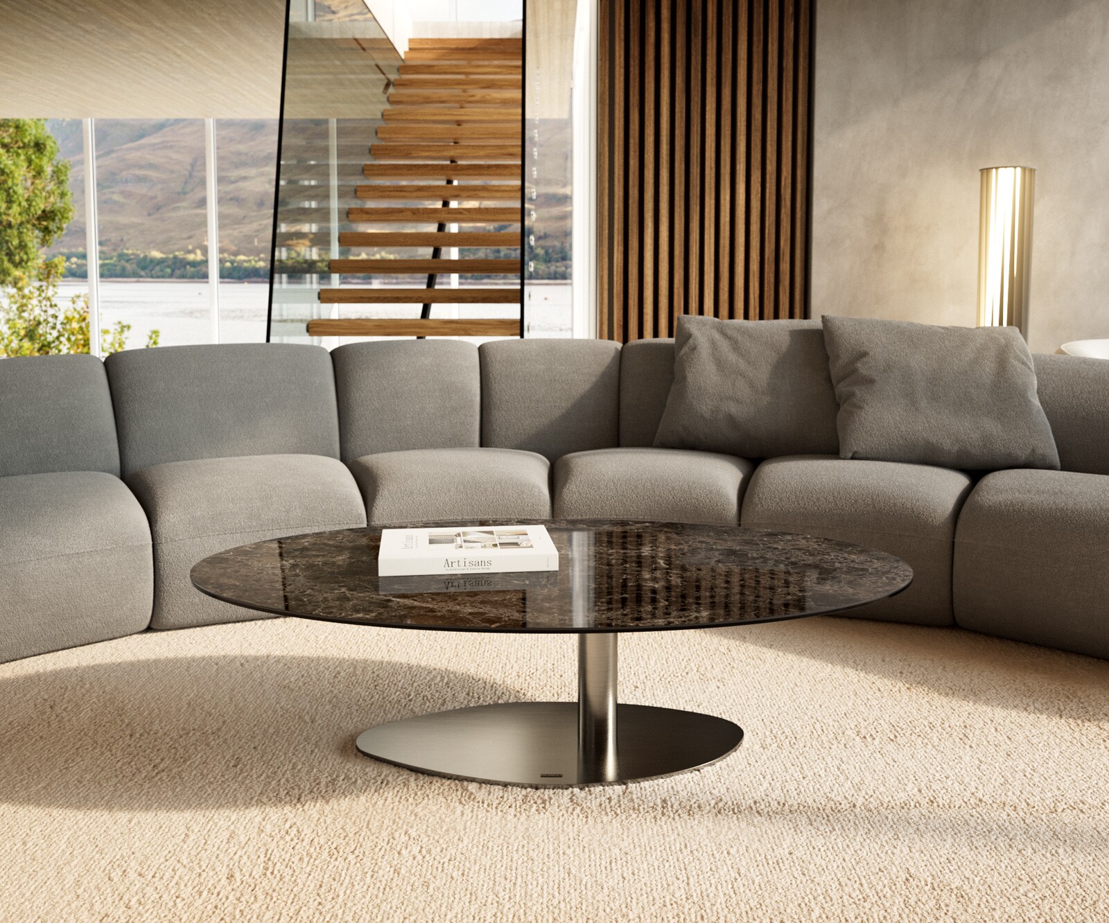 Salontafel Edge Oval 140x80 cm keramiek Laminam® Emperador Extra Lucidato donkerbruin Vibany geborsteld roestvrij staal 2