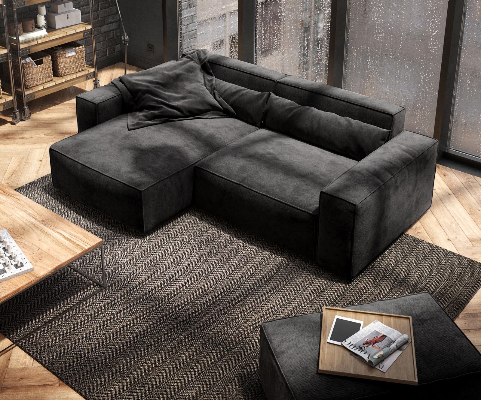 Hoekbank Sirpio 230x155 cm microvezel zwart variabele rugleuning met kruk 3