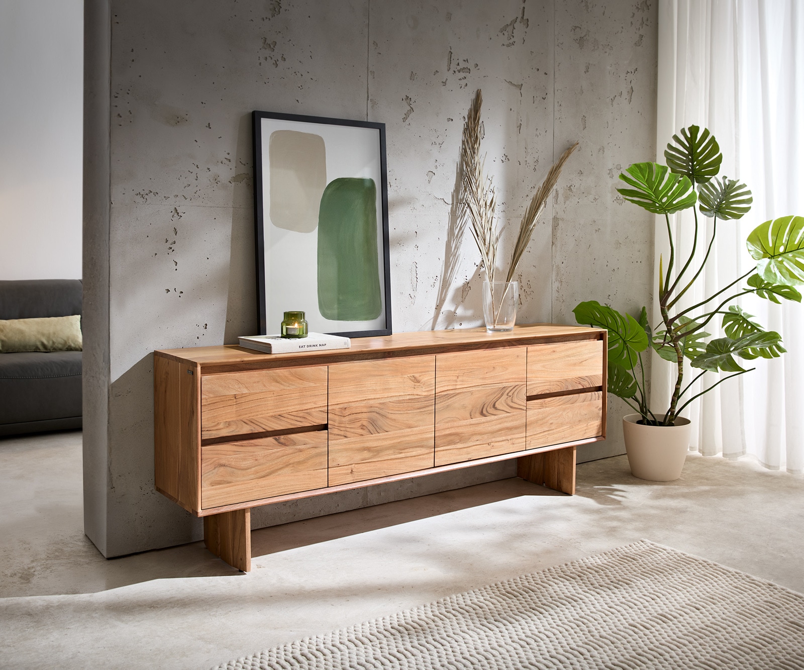 TV-meubel Elandor acacia natuur 175 cm 2 deuren 4 lades houten pootjes