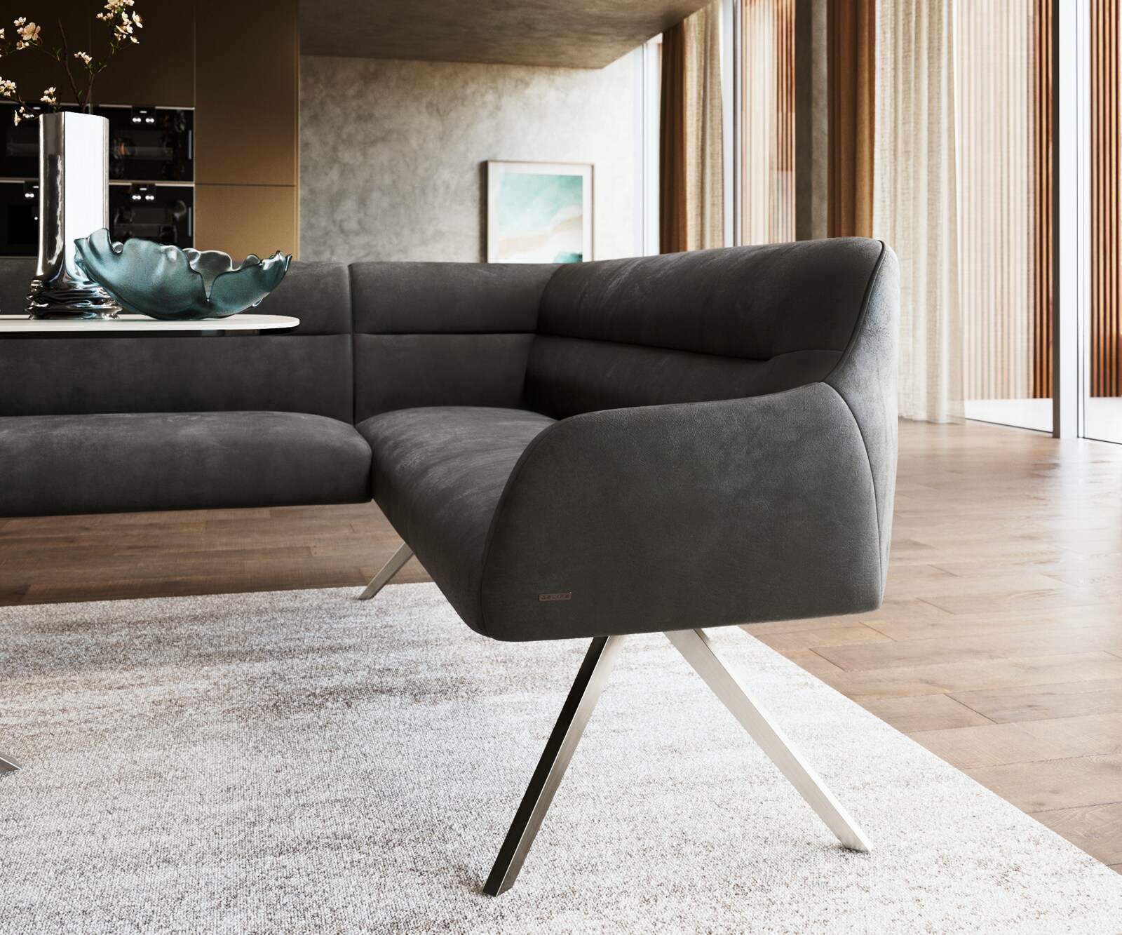 Eetkamerbank Taya-Flex 285x190 cm microvelours anthraciet vintage hoekig kruisframe roestvrij staal pocketvering links 5