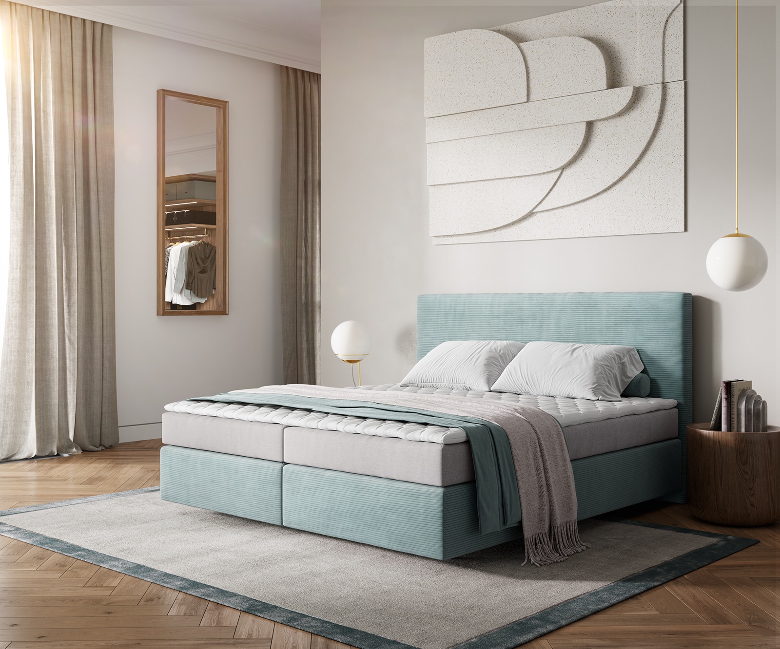 Boxspringbed Dream-Well 180x200 cm Cord Pastelblauw met Matras en Topper Boxspringbed Dream-Well 180x200 cm Cord Pastelblauw met Matras en Topper