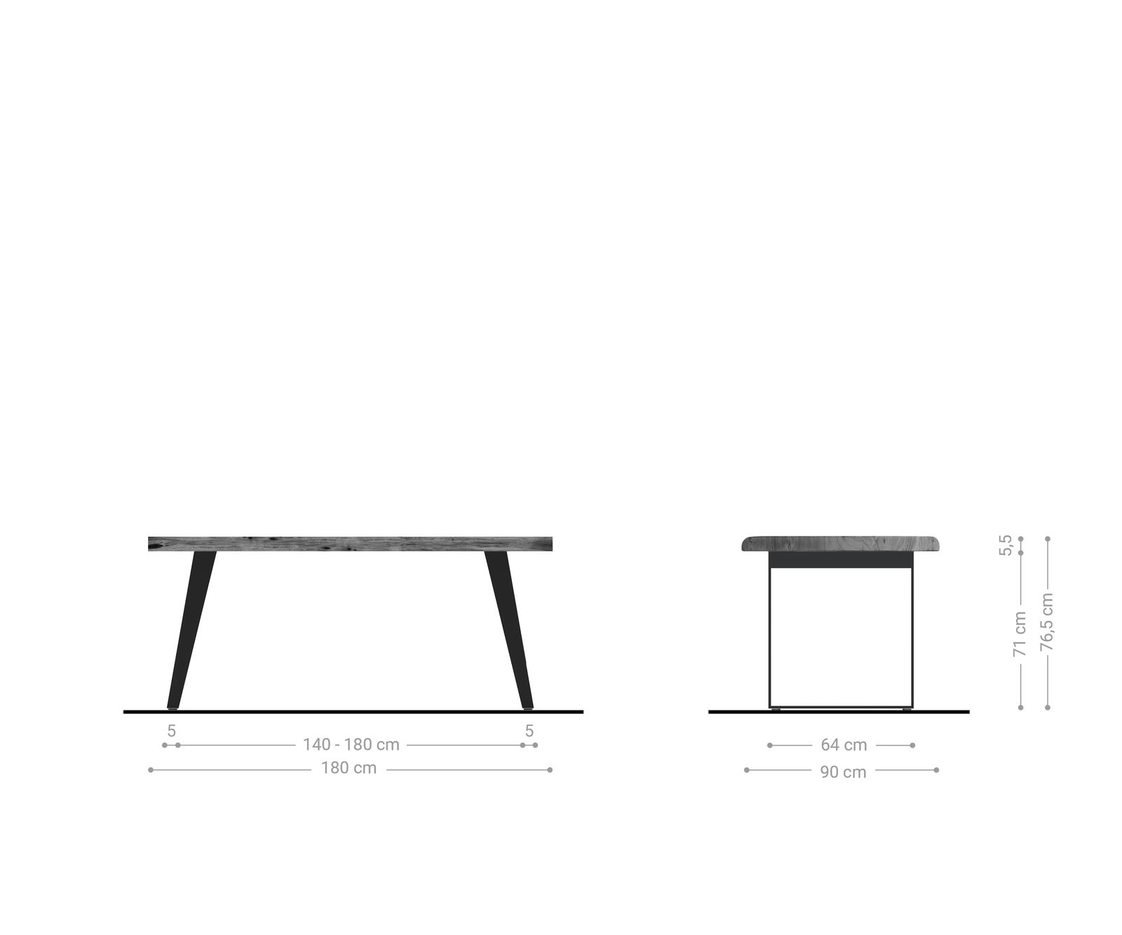 Eettafel Edge 180x90 XL acacia natuur metaal schuin Live-Edge 6