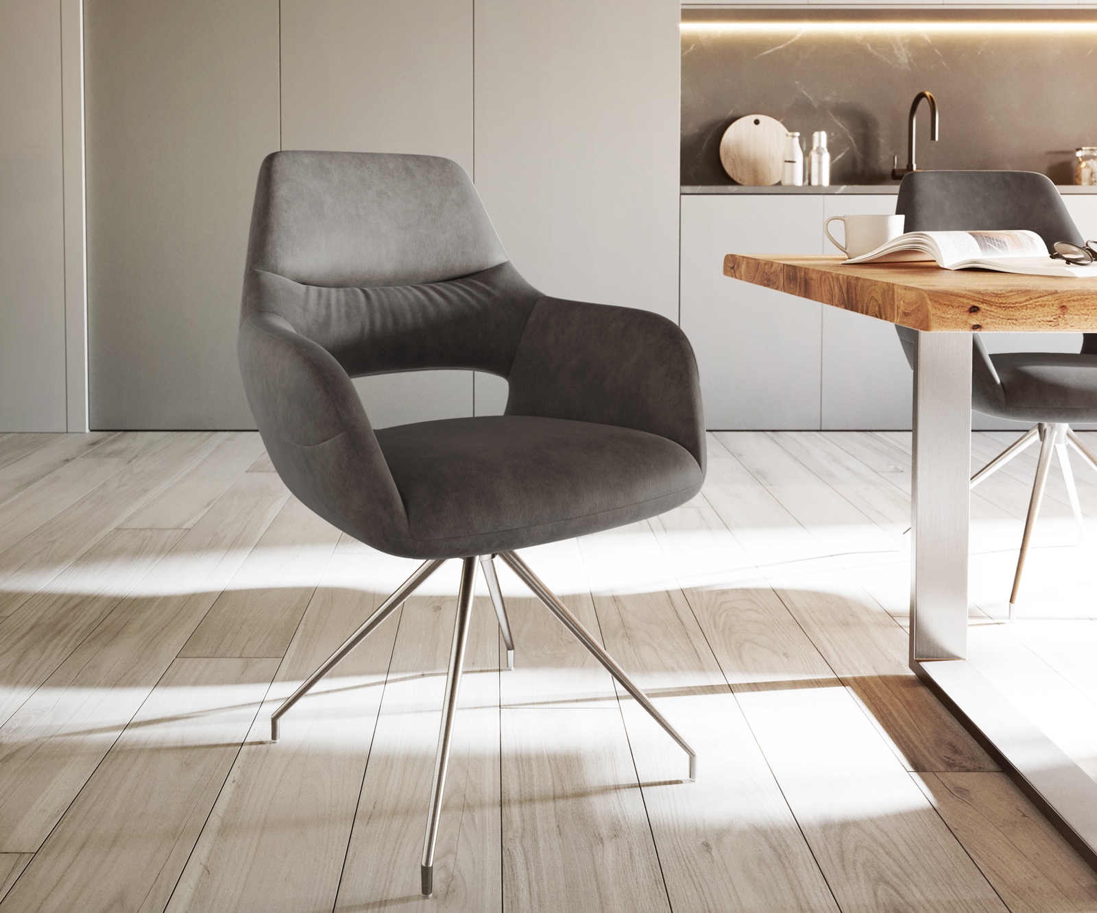 Eetkamerstoel Yago-Flex met armleuning microvelours antraciet vintage kruisframe conisch roestvrij staal pocketveer kern Eetkamerstoel Yago-Flex met armleuning microvelours antraciet vintage kruisframe conisch roestvrij staal pocketveer kern