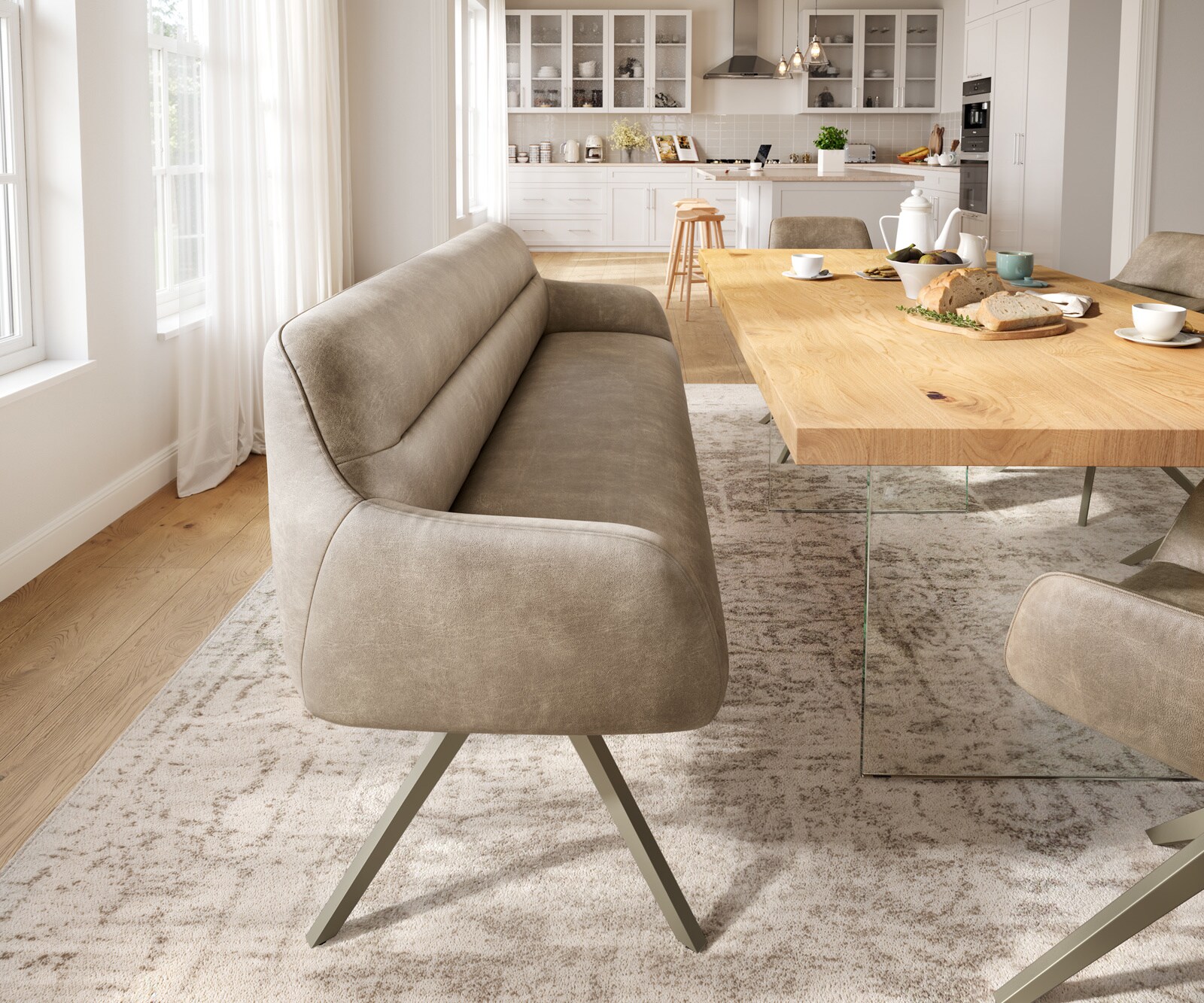 Eetkamerbank Taya-Flex 200 cm microvelours beige vintage hoekig kruisframe afwerking met titaniumeffect pocketvering 1