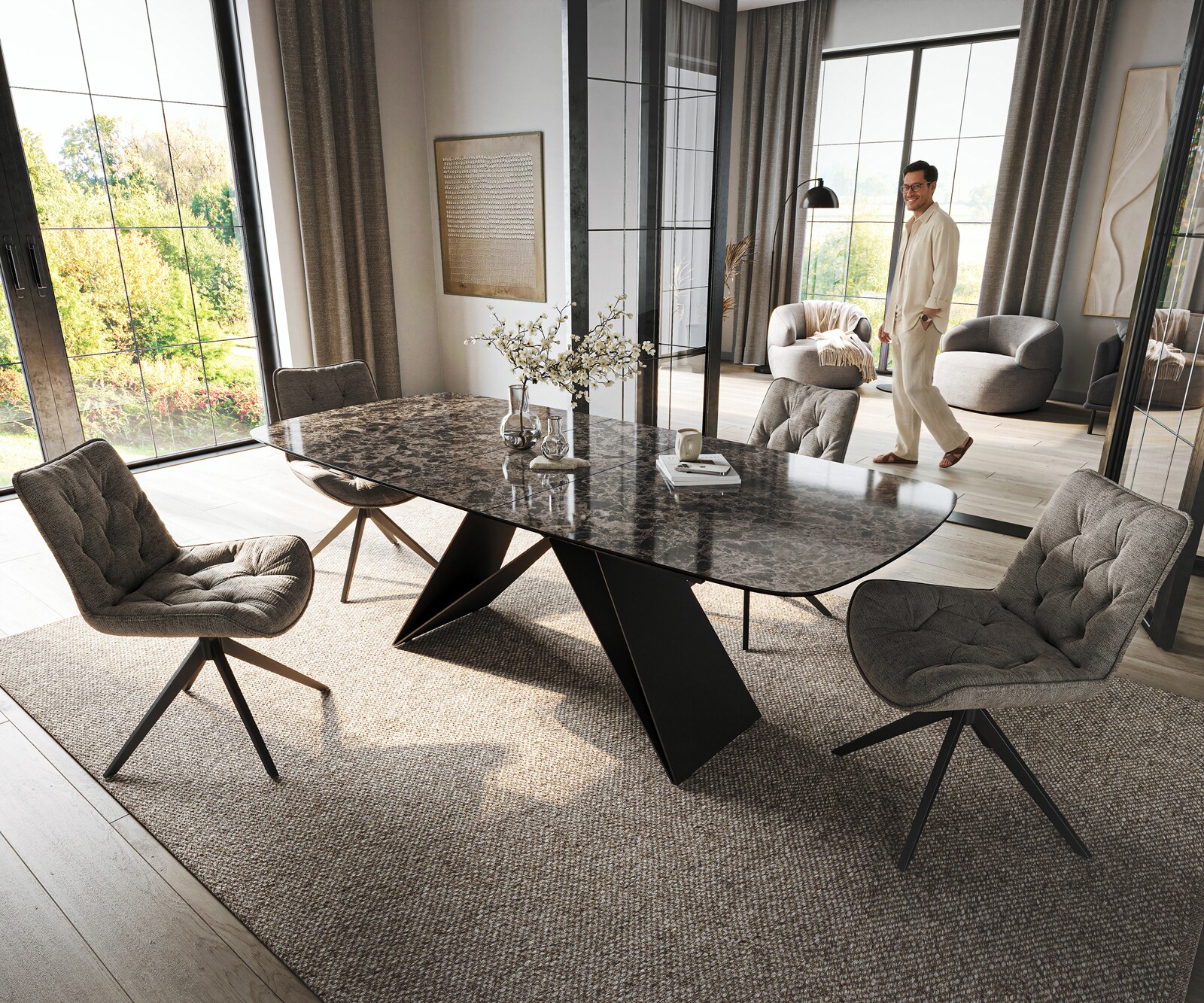 Eettafel Edge Boot 180-220x100 cm Keramiek Emperador Extra Lucidato Donkerbruin V-onderstel Platstaal Zwart uitschuifbaar 1