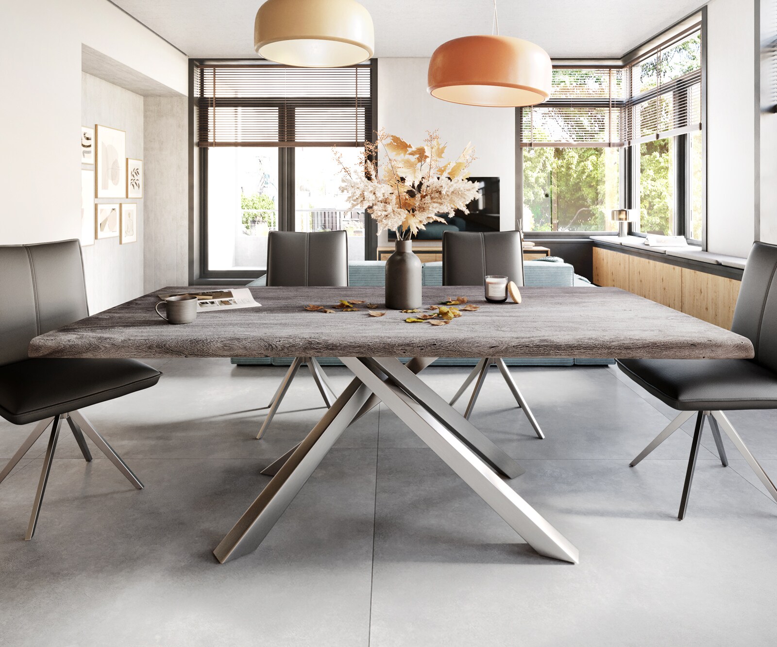 Eettafel Edge 200x100 XL acacia platina Kreuzframe rechthoek edelstaal Live-Edge 1