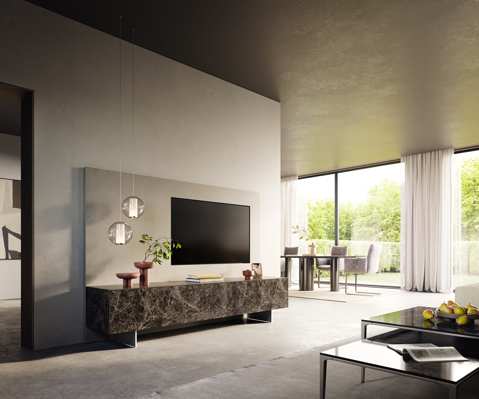 Tv-meubel Cuor 220 cm Keramiek Emperador Extra Lucidato Donkerbruin 1 Flap 2 Laden Zwevende voet look Roestvrij staal 6
