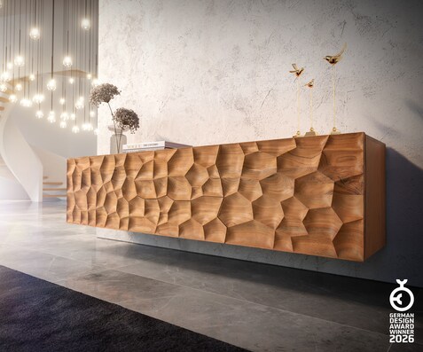 Tv-meubel Solu 175 cm acacia natuur 2 deuren 2 laden zwevend 3D-front