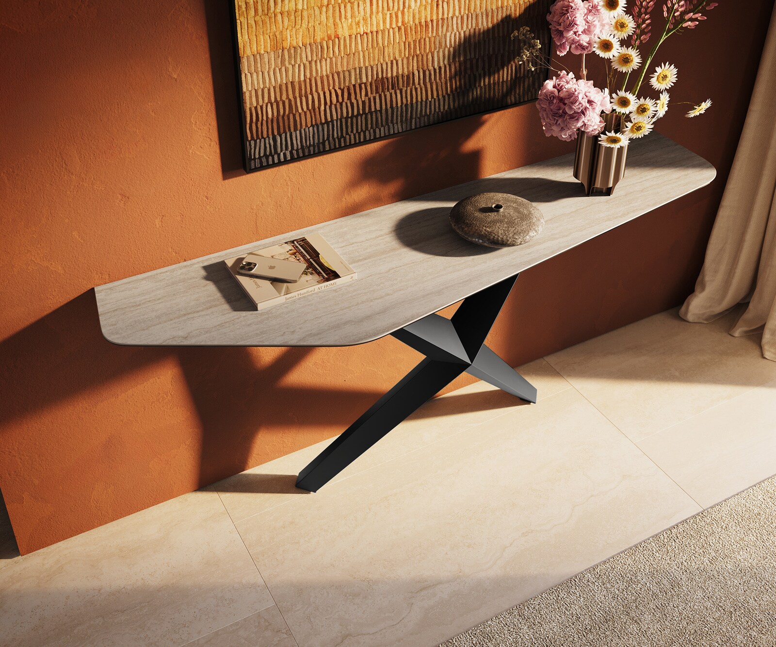 Consoletafel Edge Polygonaal 180x50 cm Keramiek Laminam® Travertino Bianco Creme-Weiß Zentharo Metaal Zwart 2